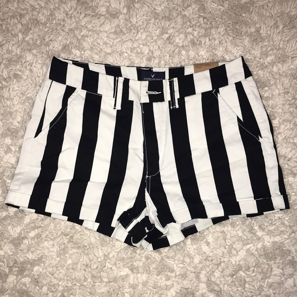 hi-rise black and white striped shorts